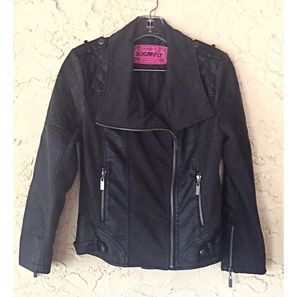052 Sugarfly faux black leather & fabric Moto jacket